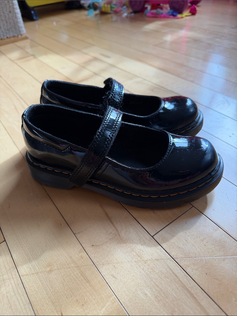 Dr. Martens Black Patent Mary Jane Shoes with Yellow Stitching